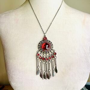 Statement Tassel Pendant Red Center Silver Tone Necklace